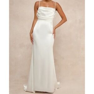 Lulus Lovely Endearment Timeless Wedding Dress Formal White Satin Train  Size XL